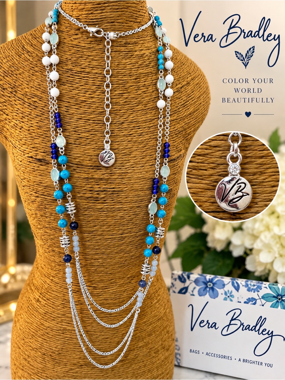 Vera Bradley Turquoise, Aqua & Navy Layered Beaded Necklace
